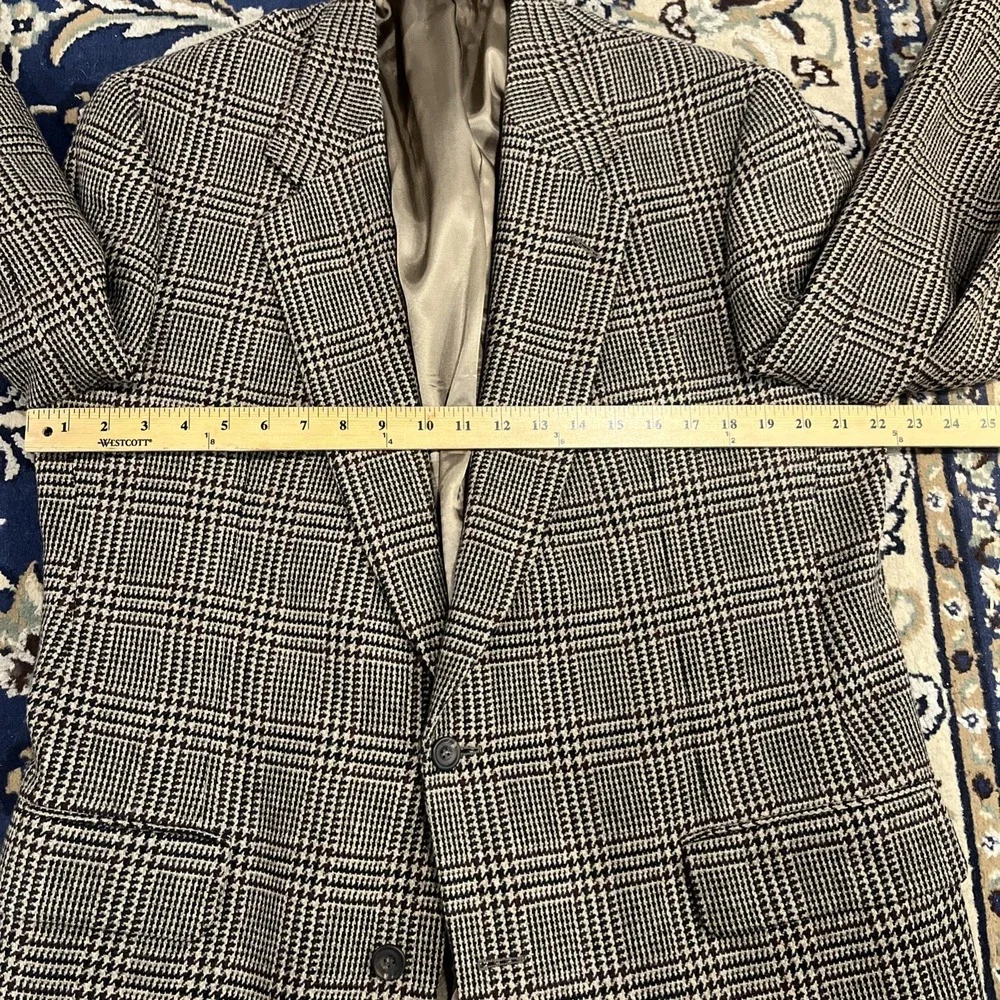 Alan‎ Flusser Glen Check Tweed Blazer Mens 44L Brown Tan Wool  Sport Coat 90s